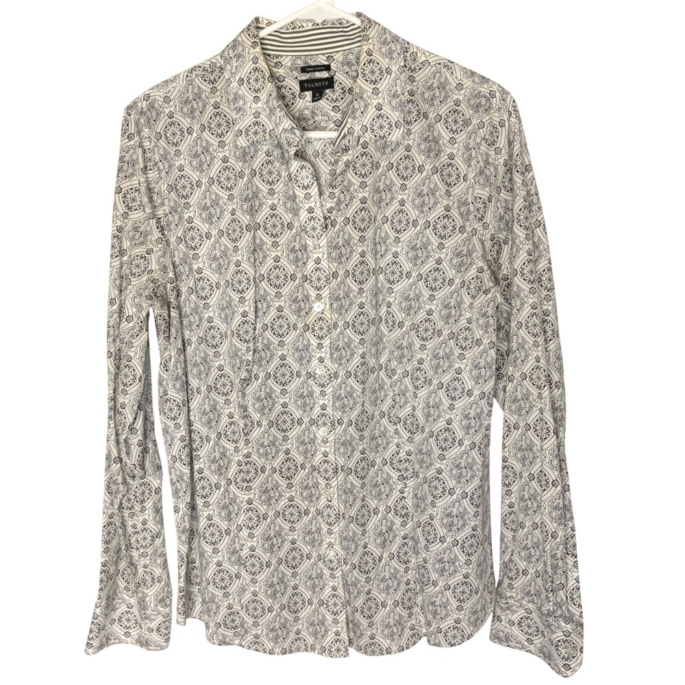 Talbots Button Down Shirt 12 Preppy Black White Geometric Paisley Wrinkle Resist
